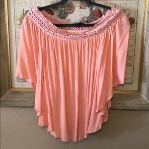 Pink off the shoulder top with crocheted detail